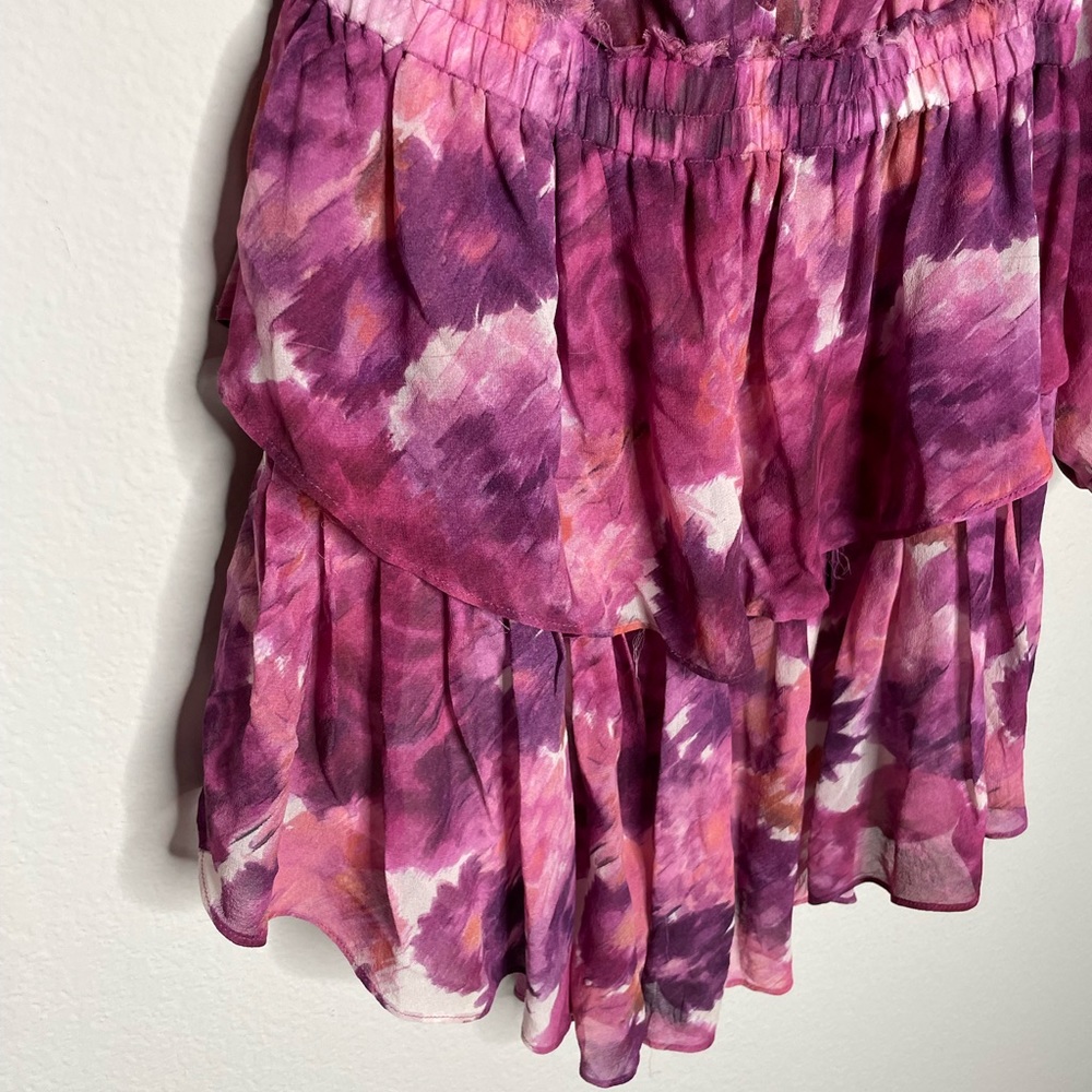 LOVESHACKFANCY Ruffled Popover Pink Purple Floral Silk Mini Dress L - Picture 3 of 12